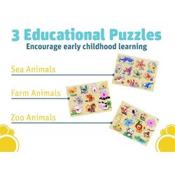 Etna 3 Piece Educational Wooden Peg Puzzles with Metal Organizer Rack