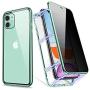 ZHIKE Anti Peeping Privacy Magnetic Phone Case Double Side Cover Magnet Absorption Metal Bumper Frame Tempered Glass Full Screen Coverage (Anti-Spy) (Clear Green, iPhone 11 Case)