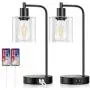 Set of 2 Industrial Touch Control Table Lamps with 2 USB Ports and AC Power Outlet, 3-Way Dimmable Bedside Nightstand Reading Lamps with Glass Shade for Bedroom Living Room Office 2 LED Bulbs Included