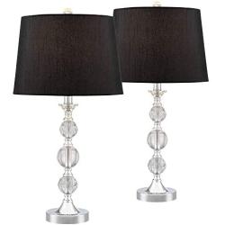 Gustavo Modern Table Lamps Set of 2 Silver Metal Stacked Crystal Balls Black Drum Shade for Living Room Family Bedroom - Regency Hill