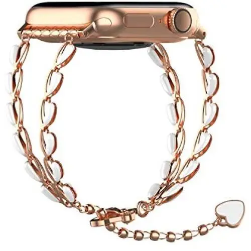 TOMAZON Stylish Bracelet Compatible for Apple Watch Band 38mm 40mm Series SE/6/5/4/3/2/1, Metal Heart Links Simple Dressy iWatch Wristband Bangle with Love Pendant for Women Girl, Rose Gold / white TOMAZON Stylish Bracelet Compatible for Apple Watch Band 38mm 40mm Series SE/6/5/4/3/2/1, Metal Heart Links Simple Dressy iWatch Wristband Bangle with Love Pendant for Women Girl, Rose Gold / white