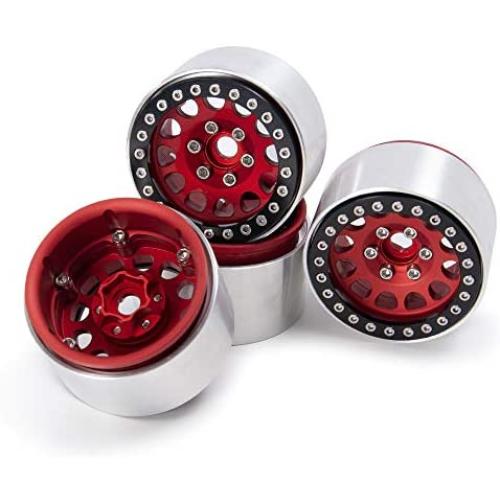 Que-T 1.9'' RC Crawler CNC Metal Beadlock Wheel Rims for 1/10 Axial Scx10 D90 D110 TRX-4 (Red & Black)