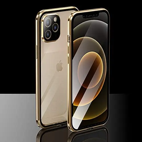 CeeDoo iPhone 12 Pro Case Clear Tempered Glass Magnetic Cover 360 Degree Protective with Camera and Screen Protector, (6.1''- Gold)