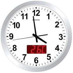 KWANWA 12'' Metal Quartz LED Wall Clock Battery Operated with 1.34 Digital Time or Temperature Display Non Ticking Silent Quiet Sweep Second Hand