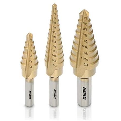 Neiko 10193A Titanium Step Drill Bit Set, High Speed Steel | 3-Piece Set | Total 28 Sizes Neiko 10193A Titanium Step Drill Bit Set, High Speed Steel | 3-Piece Set | Total 28 Sizes