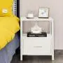 VECELO Modern Nightstand with Drawer Square End, Side Table for Bedroom, Living Room, Small Space, Night Stand with Open Shelf, Stable Metal Frame, White VECELO Modern Nightstand with Drawer Square End, Side Table for Bedroom, Living Room, Small Space, Night Stand with Open Shelf, Stable Metal Frame, White