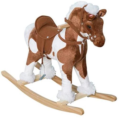 Qaba Kids Metal Plush Ride-On Rocking Horse Chair Toy with Nursery Rhyme Music - Light Brown / White