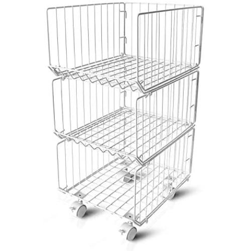 Pup joint Metal Wire Baskets, 3 Tiers Foldable Stackable Rolling Baskets Utility Shelf Unit Storage Organizer Bin with Wheels for Kitchen, Pantry, Closets, Bedrooms, Bathrooms