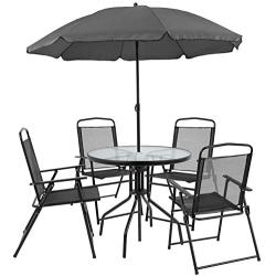 Flash Furniture Nantucket 6 Piece Black Patio Garden Set with Table, Umbrella and 4 Folding Chairs