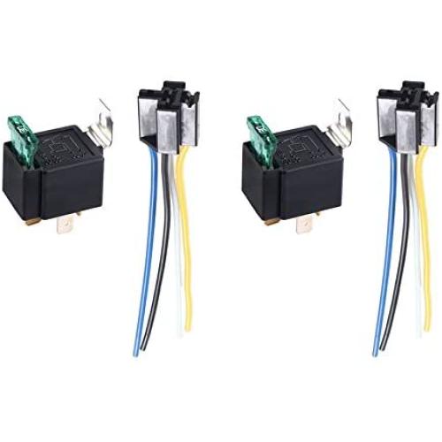 ESUPPORT 12V 30A Car Motor Heavy Duty Relay Socket Plug 4Pin Fuse Switch On/Off SPST Wire Harness Metal Pack of 2