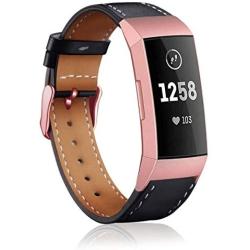 Hotodeal Leather Band Compatible Charge 3, Classic Replacement Genuine Leather Bands Metal Connectors Women Men Small Large Size Silver, Rose Gold, Black