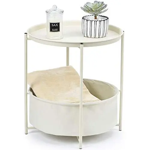 TOOLF End Table, Metal Nightstand, Sofa Side Snack Table, Coffee Round Table with Detachable Tray Top and Fabric Storage Basket, Scandi Style Table for Living Room Bedroom (Cream)
