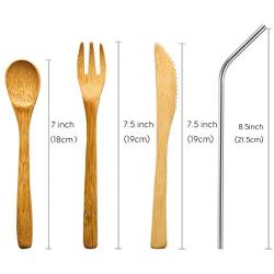 Natural Bamboo To Go Cutlery Set- Washable Reusable Utensils, 7.5 inch bamboo spoon fork knife with Metal Straw, Cleaning Brush Carry Pouch, Eco-Friendly Travel Flatware Kit