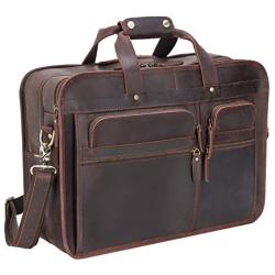 Texbo Mens Solid Full Grain Cowhide Leather Large 17 Inch Laptop Briefcase Messenger Bag Tote with YKK Metal Zippers