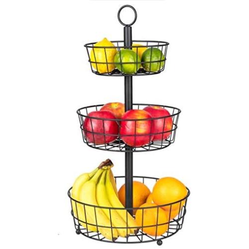 3 Tier Fruit Basket Stand - Countertop Three Tiered Metal Serving Tray for Kitchen Fruit and Vegetable Storage