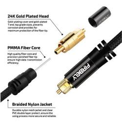 FIRBELY Digital Toslink Cable Optical Audio Cable-S/PDIF Fiber Optic with Metal Connectors Braided Jacket Black Cable for Sound Bar/TV Speakers 1.5 feet