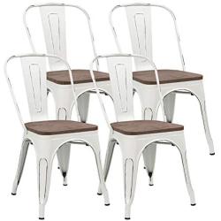 JUMMICO Metal Dining Chair Stackable Industrial Vintage Kitchen Chairs Indoor-Outdoor Bistro Cafe Side Chairs with Back and Wooden Seat Set of 4 (White)