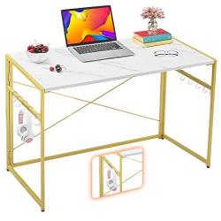 Mr IRONSTONE 39.4” Folding Computer Desk, Writing Desk Easy Assembly with 10 Hooks, Foldable Metal Frame, Writing Workstation Laptop Table for Home Office (Laminate Marble)