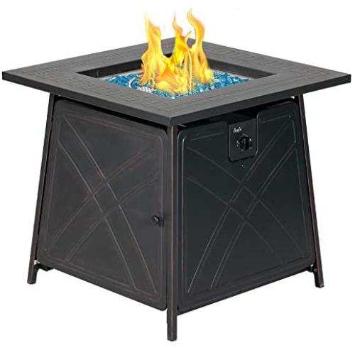 BALI OUTDOORS Gas Fire Pit Table, 28 inch 50,000 BTU Square Outdoor Propane Fire Pit Table with Lid and Blue Fire Glass