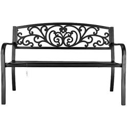 VINGLI 50'' Patio Park Garden Bench Outdoor Metal Benches,Cast Iron Steel Frame Chair Front Porch Path Yard Lawn Decor Deck Furniture for 2-3 Person Seat