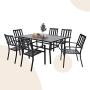 MFSTUDIO 7-Piece Metal Outdoor Patio Dining Bistro Set with 6 Striped Armrest Chairs and Steel Frame Slat Larger Rectangular Table, 60'' x 38''x28'' Table and 6 Backyard Garden Chairs-Black