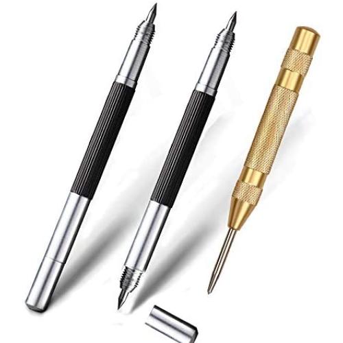 2 Pack double scriber+ Automatic Center Punch- 9.5 mohs hardness super sharpe Safe escape tool professional scribe for Glass Metal Wood Ceramics Stone