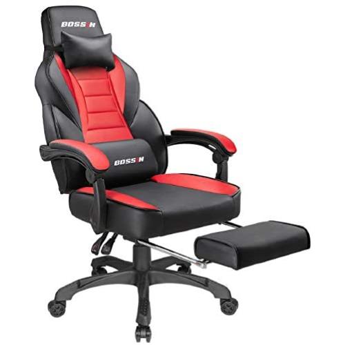 BOSSIN Racing Style Gaming Chair Computer Desk Chair with Footrest and Headrest Ergonomic Design Large Size High-Back E-Sports Chair PU Leather Swivel Game Office Chair Sillas Gaming(Red)