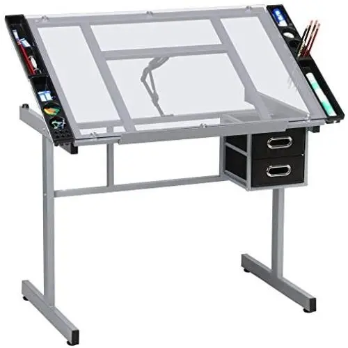 YAHEETECH Drawing Table Drafting Desk Art Desk Artist Table Craft Station Study Table Tempered Glass Top w/2 Slide Rolling Wheels and Drawers for Home Office Use YAHEETECH Drawing Table Drafting Desk Art Desk Artist Table Craft Station Study Table Tempered Glass Top w/2 Slide Rolling Wheels and Drawers for Home Office Use