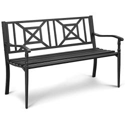 Giantex Patio Garden Bench, Heavy-Duty Park Bench w/Powder Coated Steel Frame, Elegant Loveseat w/Decorative Backrest & Ergonomic Armrest for Outdoor Garden, Backyard, Lawn, Porch, Path (Black)