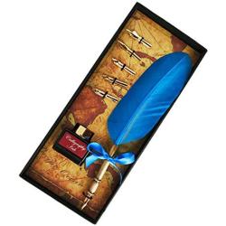 KenTaur Calligraphy Quill Pen Set (CS-0206) - Dip Pen with Blue Turkey Feather, 6 Stainless Steel Nib, and European Ink. Great for Beginner/Enthusiast