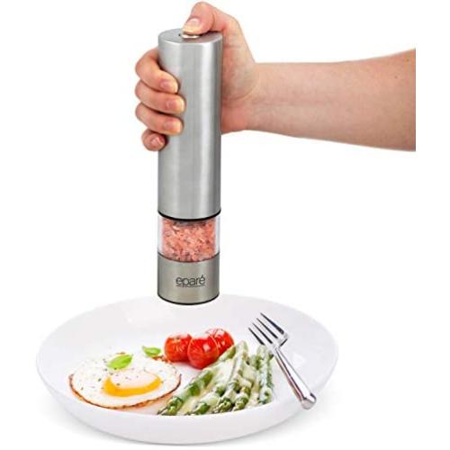 Electric Salt or Pepper Grinder - Battery Operated Ceramic Burr Peppermill Shaker - Automatic Stainless Steel Grinders - Mill With LED Light by Eparé