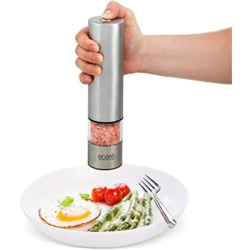 Electric Salt or Pepper Grinder - Battery Operated Ceramic Burr Peppermill Shaker - Automatic Stainless Steel Grinders - Mill With LED Light by Eparé Electric Salt or Pepper Grinder - Battery Operated Ceramic Burr Peppermill Shaker - Automatic Stainless Steel Grinders - Mill With LED Light by Eparé