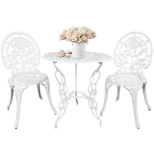 HOMEFUN Bistro Table Set, White Rose 3 Piece, Outdoor Patio Table and Chairs Furniture, Durable Rust Weather Resistance