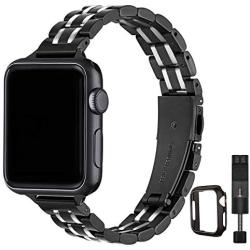 STIROLL Thin Replacement Band Compatible for Apple Watch 38mm 40mm 42mm 44mm, Stainless Steel Metal Wristband Women Men for iWatch SE Series 6/5/4/3/2/1 (Black+Silver, 38mm/40mm)