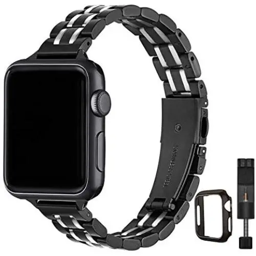 STIROLL Thin Replacement Band Compatible for Apple Watch 38mm 40mm 42mm 44mm, Stainless Steel Metal Wristband Women Men for iWatch SE Series 6/5/4/3/2/1 (Black+Silver, 38mm/40mm)