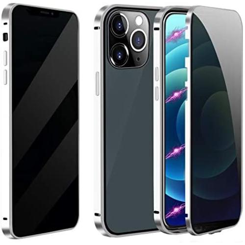 Magnetic Case for iPhone 11 Pro Max, Anti Peep Magnetic Adsorption Double-Sided Privacy Screen Protector Clear Back Metal Bumper Antipeep Cases Anti Peeping 2 Sided Cover for iPhone 11 Pro max Silver