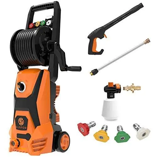 Power Washer, SUNPOW Pressure Washer 2500 Max PSI 1.8GPM Electric Portable High Pressure Cleaner Machine with 4 Nozzles, Detergent Tank and Hose Reel, for Homes, Cars, Driveways, Fences, Patios