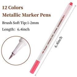 Guangna Metallic Calligraphy Marker Pens 12 Assorted Colors Soft Brush Tip Metallic Calligraphy Painting Pens for Scrapbook DIY Photo Album, Rock Painting, Card Making, Metal and Ceramics