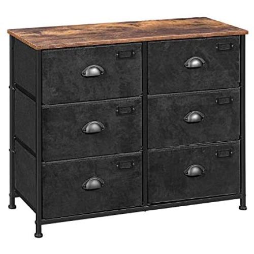 SONGMICS Fabric Drawer Dresser, Wide Storage Dresser with 6 Drawers, Industrial Closet Storage Drawers, with Metal Frame, Wooden Top, for Closet, Hallway, Nursery, Rustic Brown and Black ULVT23HV1