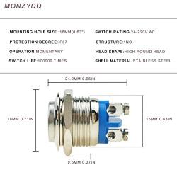 MONZYDQ 5Pcs 16mm5/8'' Momentary Push Button Switch,Waterproof Metal Pushbutton 220V AC 2A Self-Reset for Car Modificine.(High Round Head)