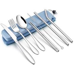 LIANYU 9-Piece Travel Utensils Silverware Set, Stainless Steel Knife Fork Spoon, Chopsticks, Metal Straws, Cleaning Brush, Blue Case and Bag