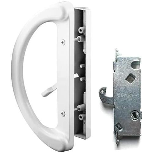 Patio Door Handle Set + Mortise Lock 45°, Perfect Fitting 2 Handle White Replacement for Sliding Doors Using 3-15/16” Hole Spacing & Mortise Style Latch Locks by Essential Values