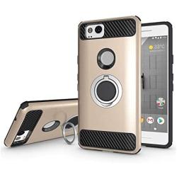 Newseego Compatible With Google Pixel 2 Case (5.0inch) with Armor Dual Layer 2 in 1 with Extreme Heavy Duty Protection and Finger Ring Holder Kickstand Fit Magnetic Car mount for Google Pixel 2-Golden