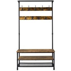 YAHEETECH Industrial Hall Trees with Bench and Coat Rack Entryway Bench with Coat Rack/Hooks/Hanger Stand Sturdy Bench Coat Tree Shoes Shelving Wood and Metal