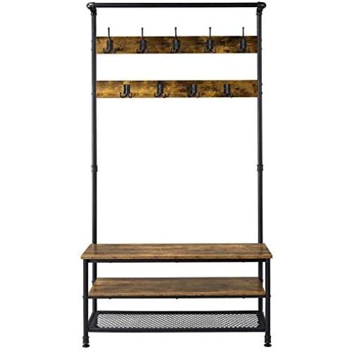 YAHEETECH Industrial Hall Trees with Bench and Coat Rack Entryway Bench with Coat Rack/Hooks/Hanger Stand Sturdy Bench Coat Tree Shoes Shelving Wood and Metal