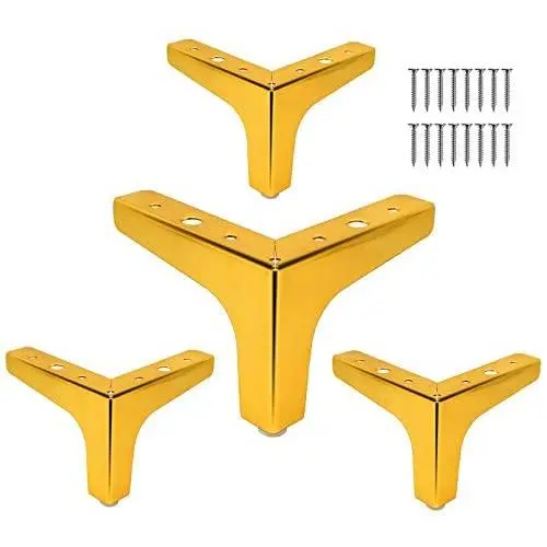 Metal Furniture Legs, 4pcs 4-inch Heavy Duty Gold Triangle Furniture Feet DIY Replacement Parts with Mounting Screws for Cabinet Table Cupboard Couch Sofa Ottoman
