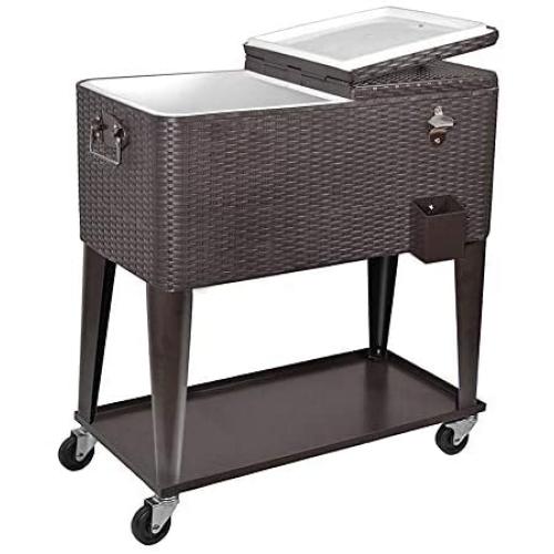 Clevr 80 Quart Qt Rolling Cooler Ice Chest Cart for Outdoor Patio Deck Party, Dark Brown Wicker Faux Rattan Tub Trolley, Portable Backyard Party Drink Beverage Bar, Wheels with Shelf & Bottle Opener