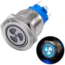 Taiss 12V 16mm Blue LED Illuminated Car Fan Push Button Switch 1NO 1NC 5/8'' Mounting Hole Latching Type Silver Stainless Steel Metal Toggle Switch For Car Boat Part Modification TL16-FS-Bu