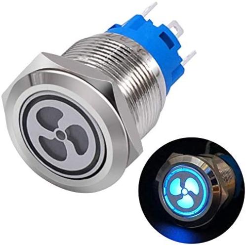 Taiss 12V 16mm Blue LED Illuminated Car Fan Push Button Switch 1NO 1NC 5/8'' Mounting Hole Latching Type Silver Stainless Steel Metal Toggle Switch For Car Boat Part Modification TL16-FS-Bu