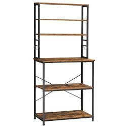 VASAGLE Bakers Rack, Microwave Oven Stand, 6-Tier Kitchen Utility Storage Shelf, 6 Hooks and Metal Frame, Industrial, 31.5 x 15.7 x 65.7 Inches, Rustic Brown and Black UKKS019B01